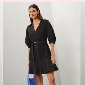 3.1 Phillip Lim Black Textured V-Neck Belted Mini Dress